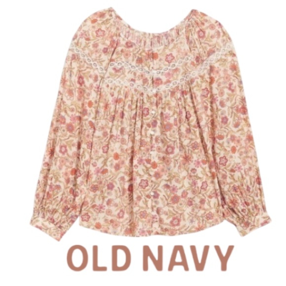 4X Old Navy Long-Sleeve Lace-Trimmed Floral-Print Blouse